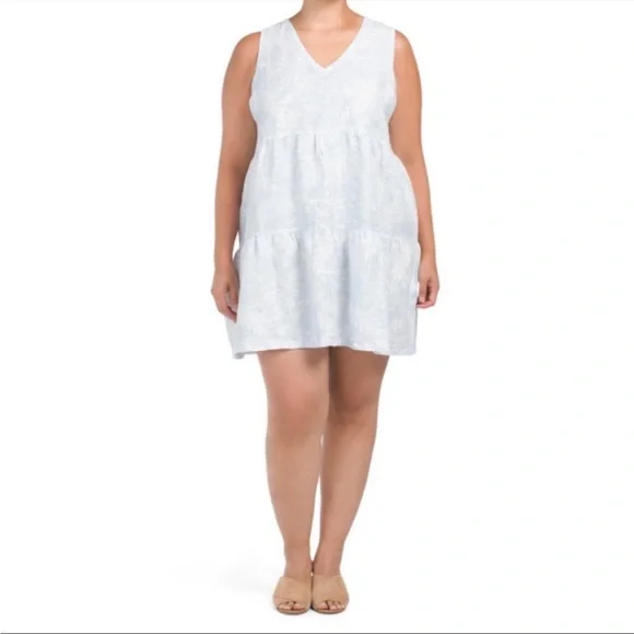 Tahari Blue White 100% Linen Plant Dress